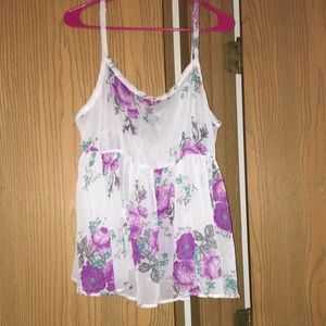 Torrid White and purple floral babydoll tank top